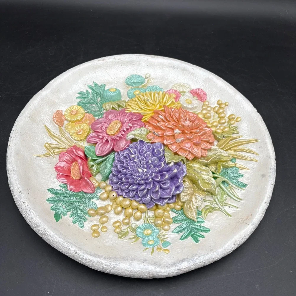Vtg 3D Chalkware Floral Wall Plaque Dahlias Botanical Decor Cottagecore